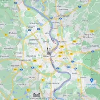 Kartenausschnitt des Einsatzgebiets der Büroreinigung Köln: Kölner Stadtgebiet und Umland