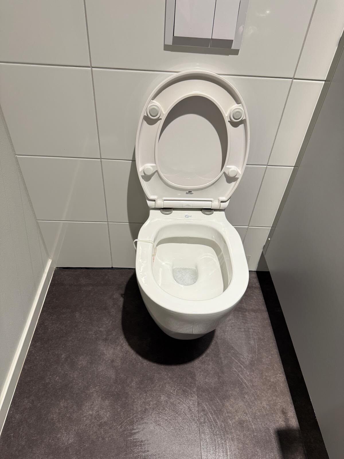 Wandhängende Toilette mit geöffnetem Deckel über einem weitgehend rückstandsfreien dunklen Boden