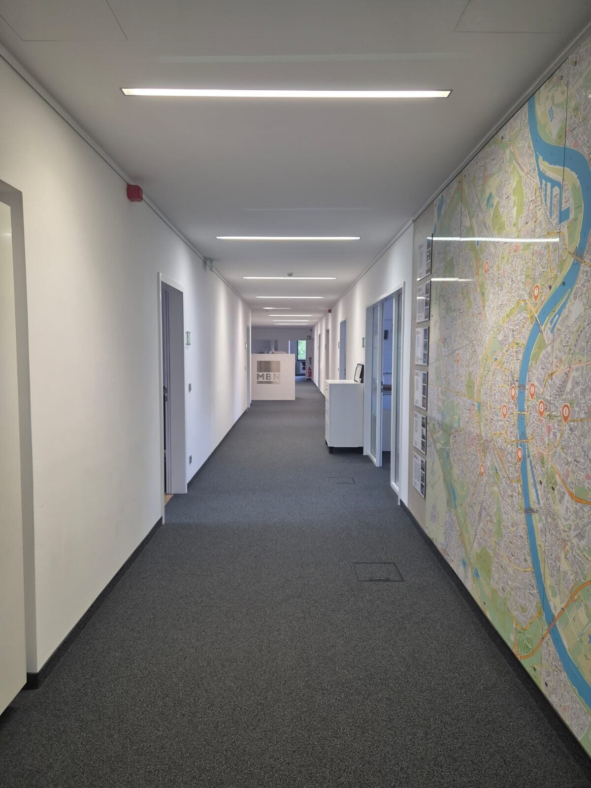 Langer Büroflur mit grauem Teppichboden und freien Laufwegen