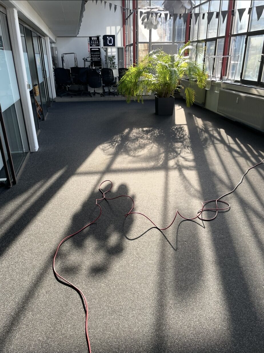 Grauer Teppichboden im Büroflur mit Schattenwurf und ausgelegtem Kabel
